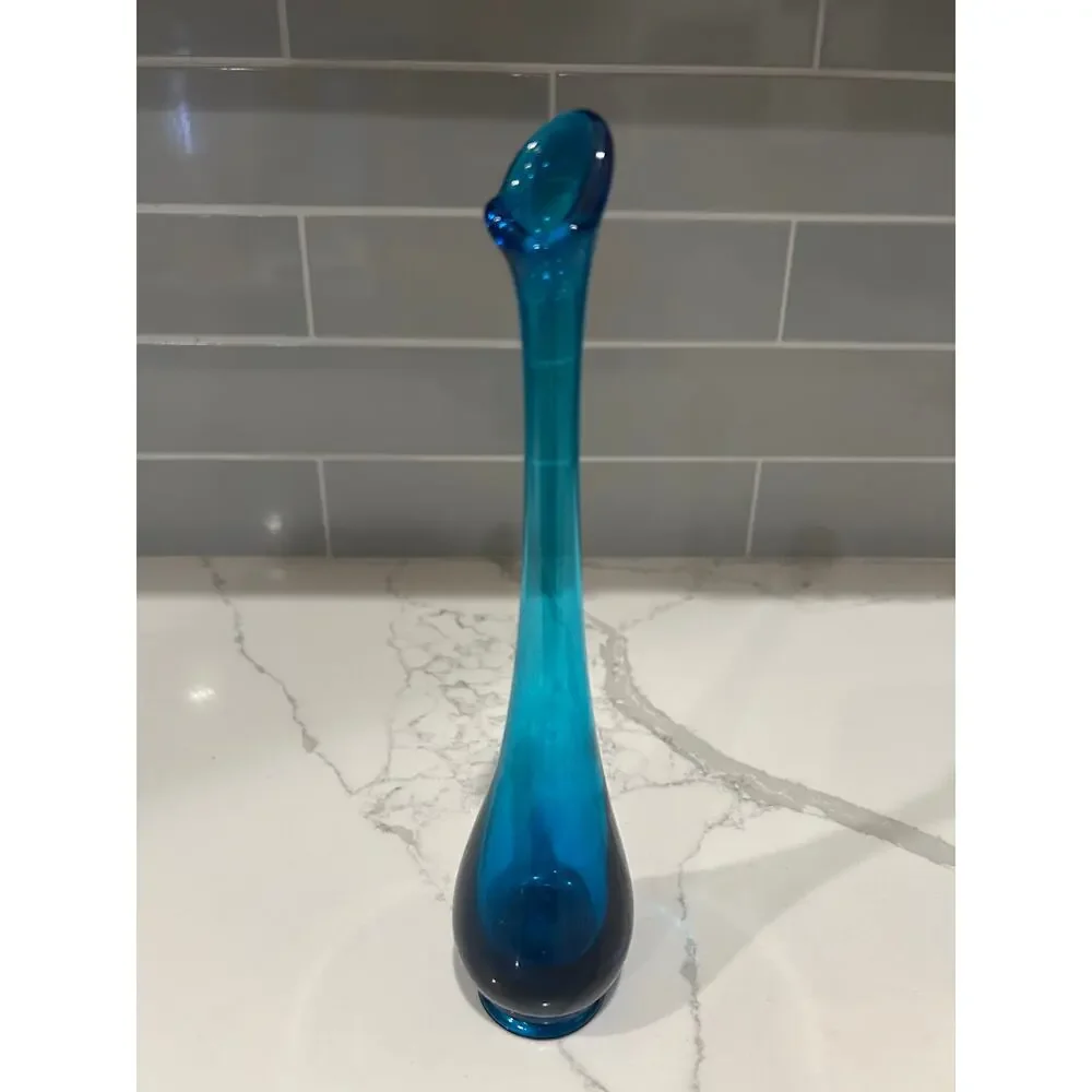 Mid-Century Modern Viking Blue Swung Art Glass Vase- Quantity 2‎ Excellent Cond